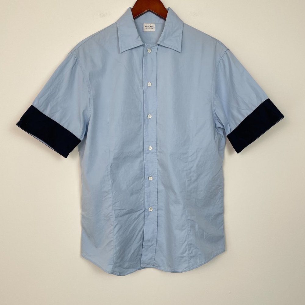 Armani Collezioni Light Blue and Black Casual Button Down Shirt